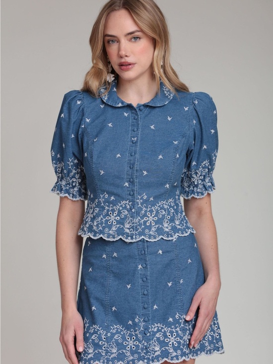 Avec Les Filles Tops - Avec Les Filles Needle Blue Cotton Chambray Embroidered Top